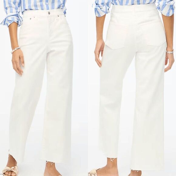 NWT J. Crew Womens Ivory Mid-Rise Frayed Hem Wide Leg Crop Pants Size 24T - Picture 1 of 9